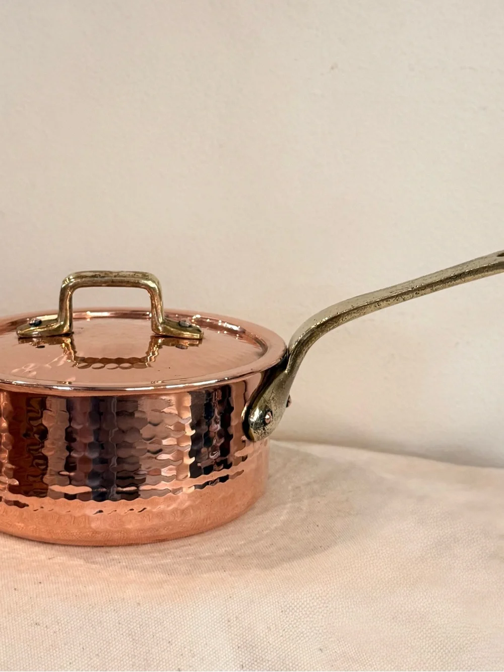 Vintage Copper Hammered Saucepan with lid and Brass Handle stainless steel lined